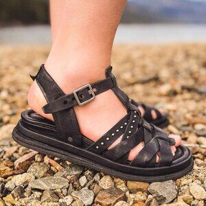A.S.98 Minerva SANDALS Size 7 Black Strappy Studs Low Wedge Leather EUC